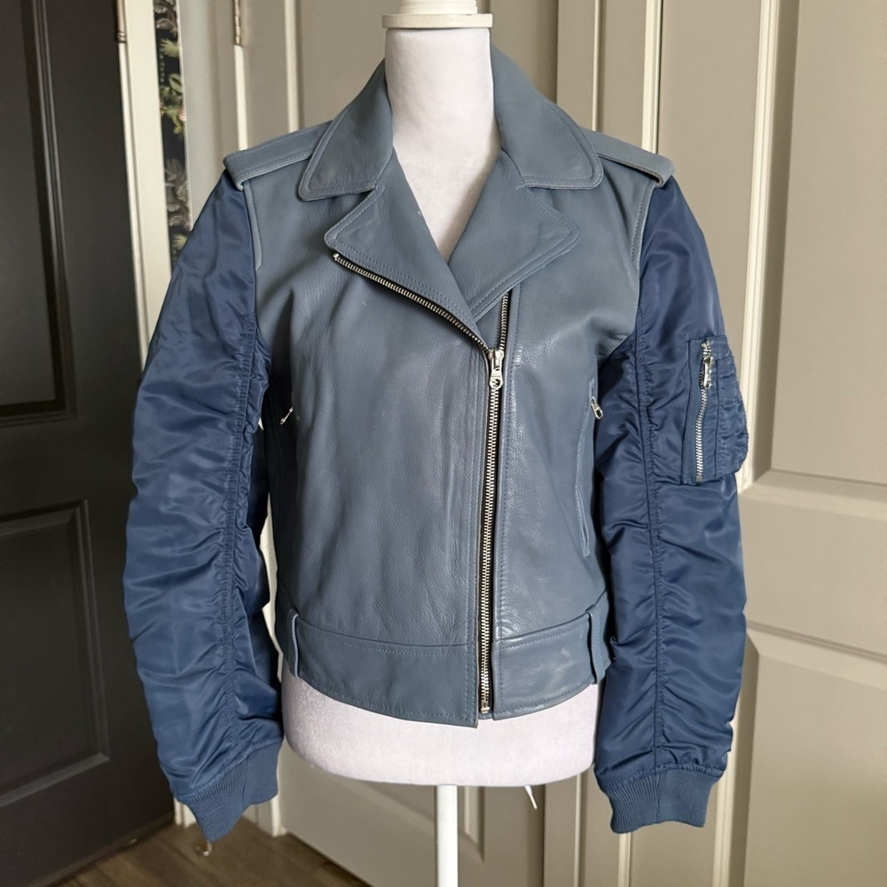 Sandro Blue Cropped Leather Motorcycle Jacket with Satin Sleeves Size M